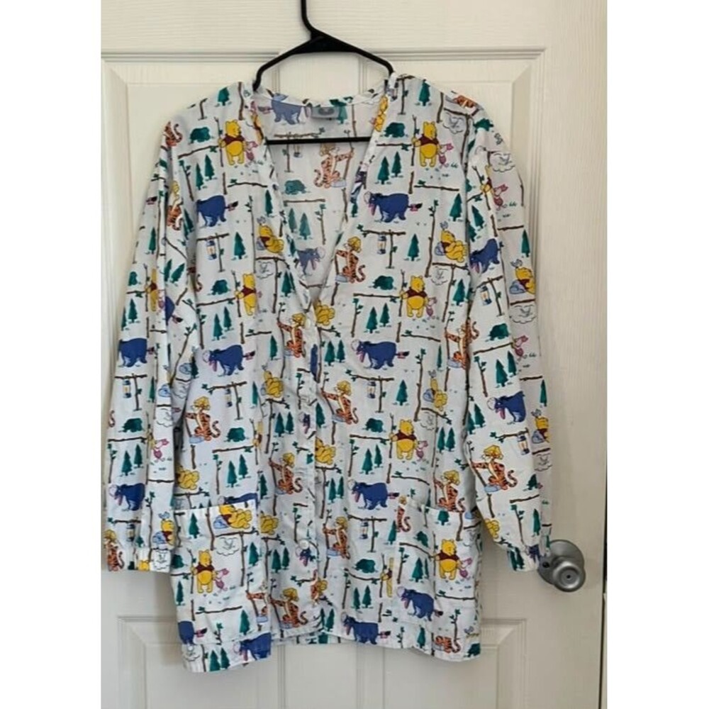 Vintage Disney Winnie the Pooh Women's Pajama Top Button Front White Size M